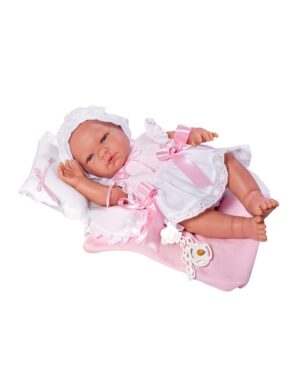 muñeco-asimaria-con-vestido-blanco-punto-rosa-y-almohada-caprichobebe-murcia